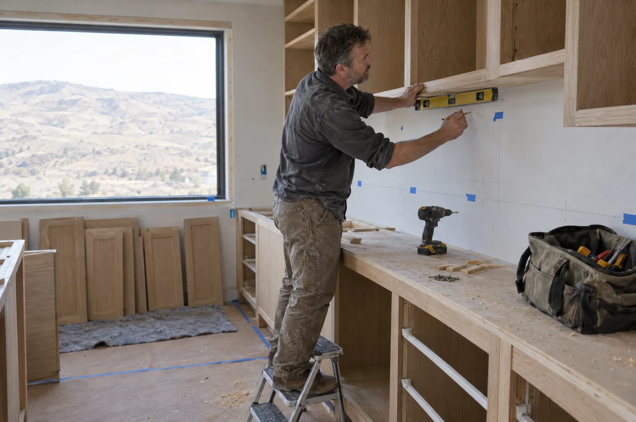A finish carpenter on a step stool marking a level line under new white-oak upper cabinets