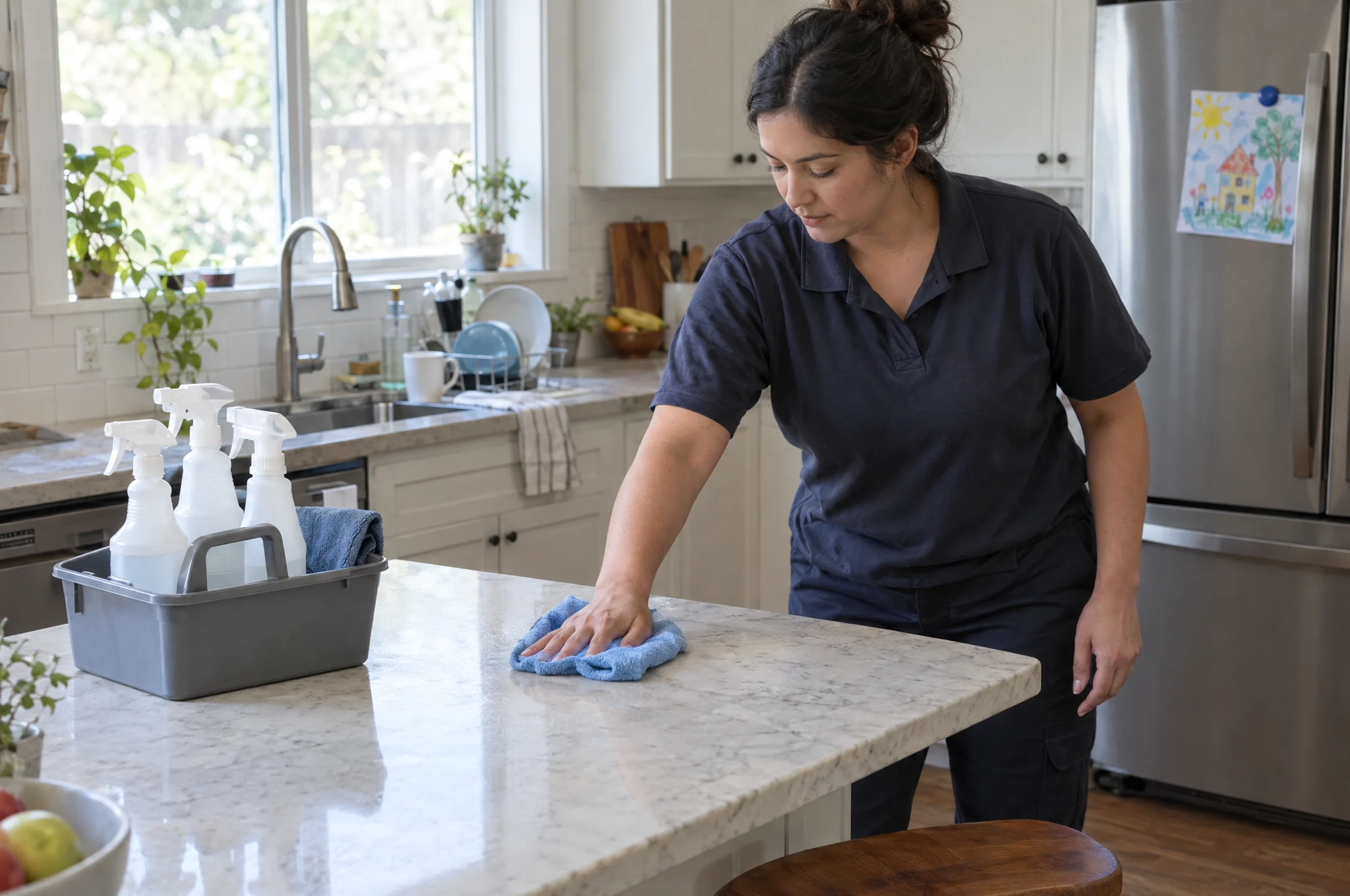 A house cleaner wiping a kitchen island, a caddy of bottles beside