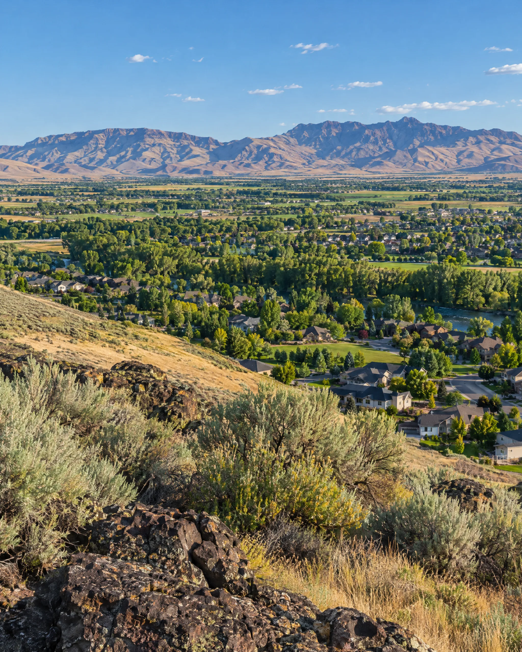 The Treasure Valley from the Boise foothills in late-afternoon light, sagebrush and basalt in the foreground