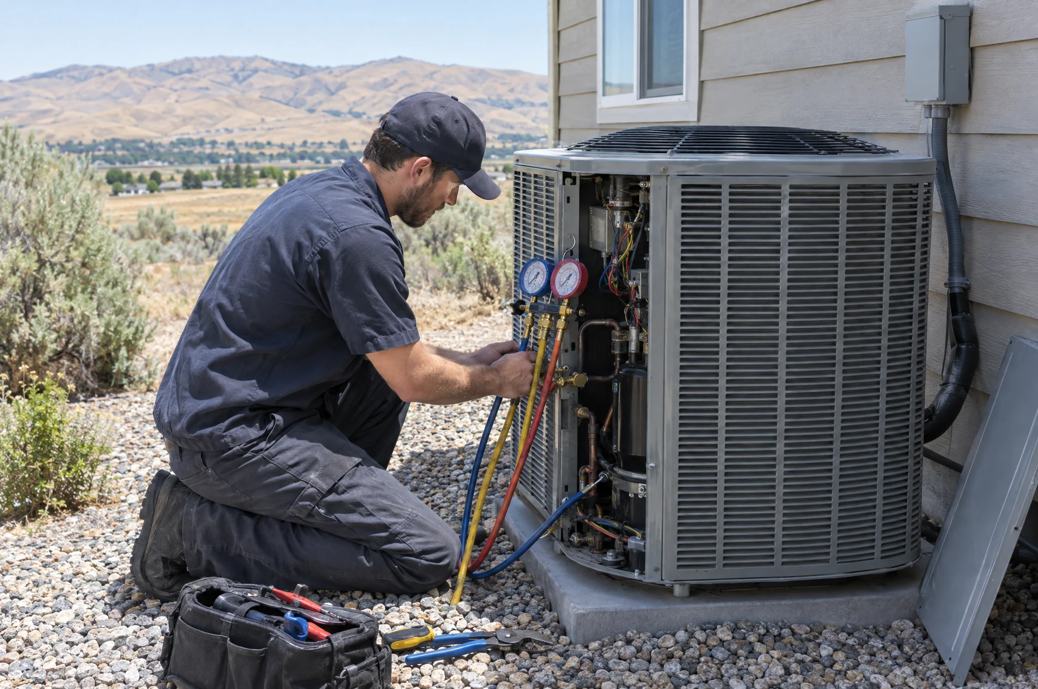 An HVAC technician with gauges on an outdoor condenser, panel removed, foothills behind