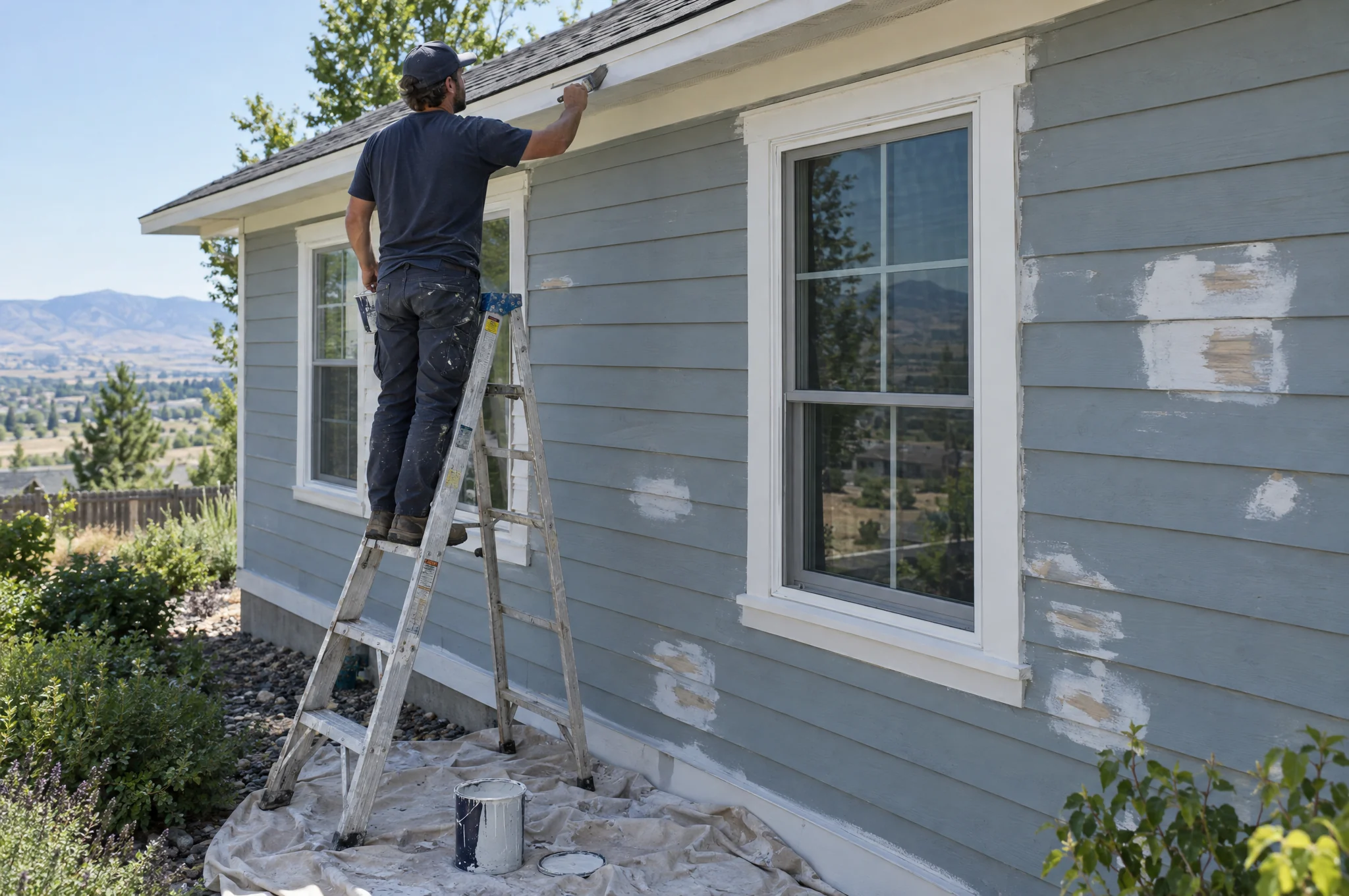 A painter on a ladder cutting in trim on a wood-sided house, scraped and primed patches on the siding