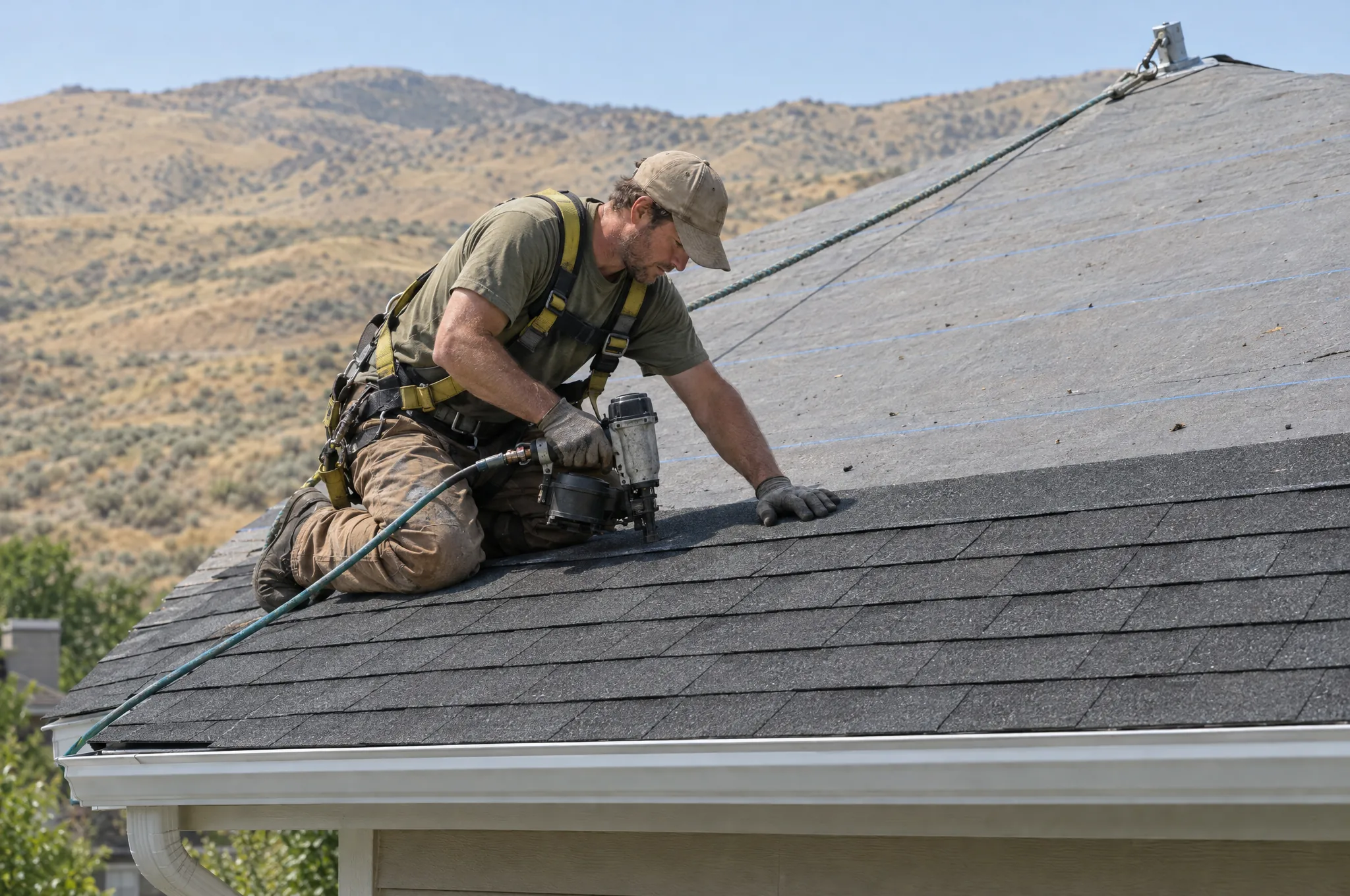 A roofer in a fall harness nailing new shingles on a ranch-house roof, the Boise foothills behind
