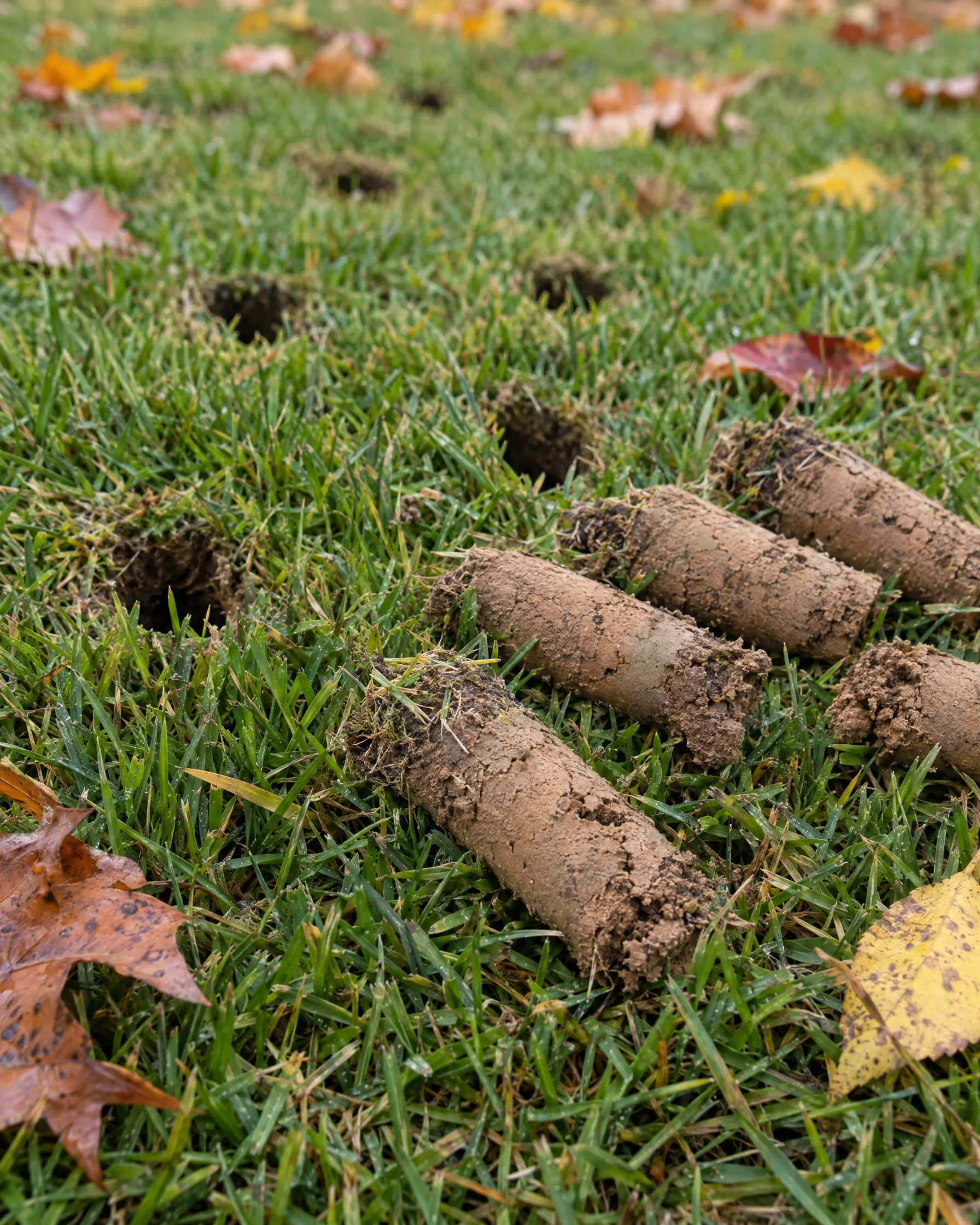 Fresh soil cores on an aerated lawn