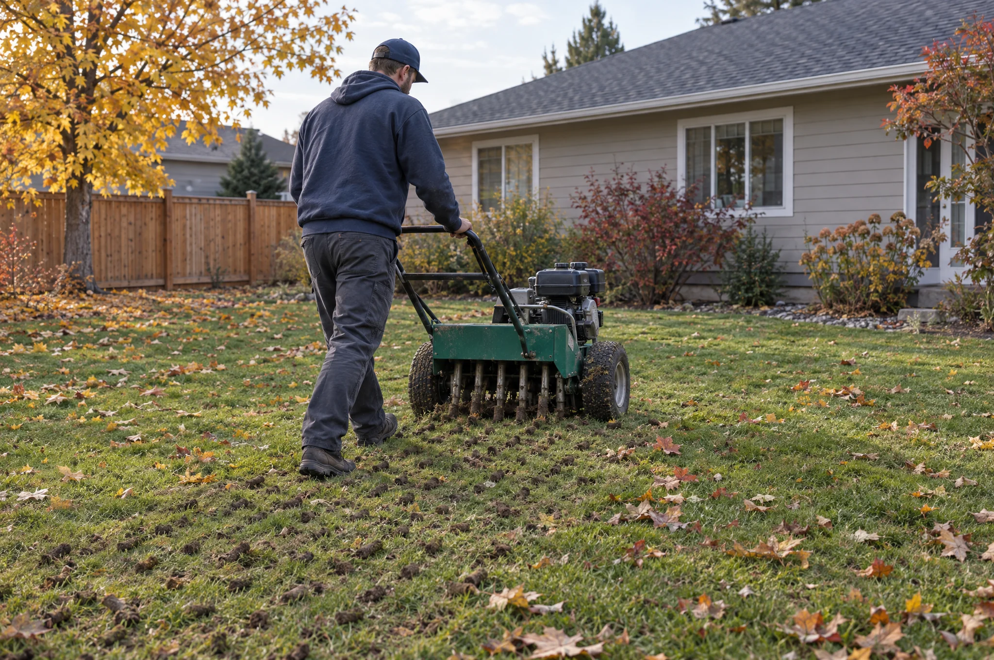 A core aerator pulling plugs from a lawn