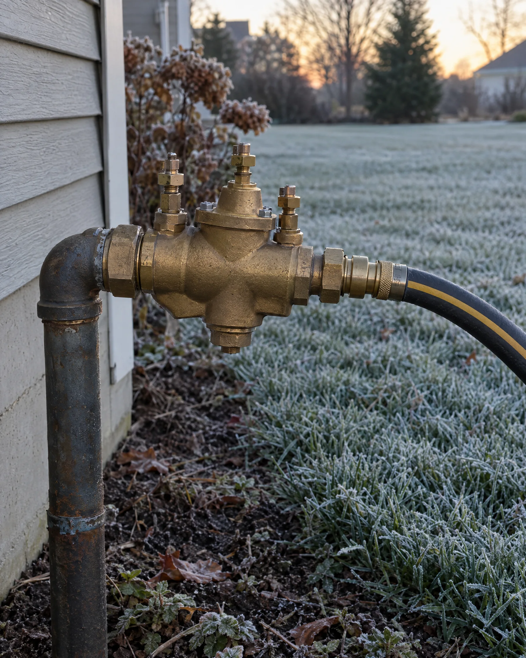 A brass backflow preventer with an air hose attached, frost on the lawn