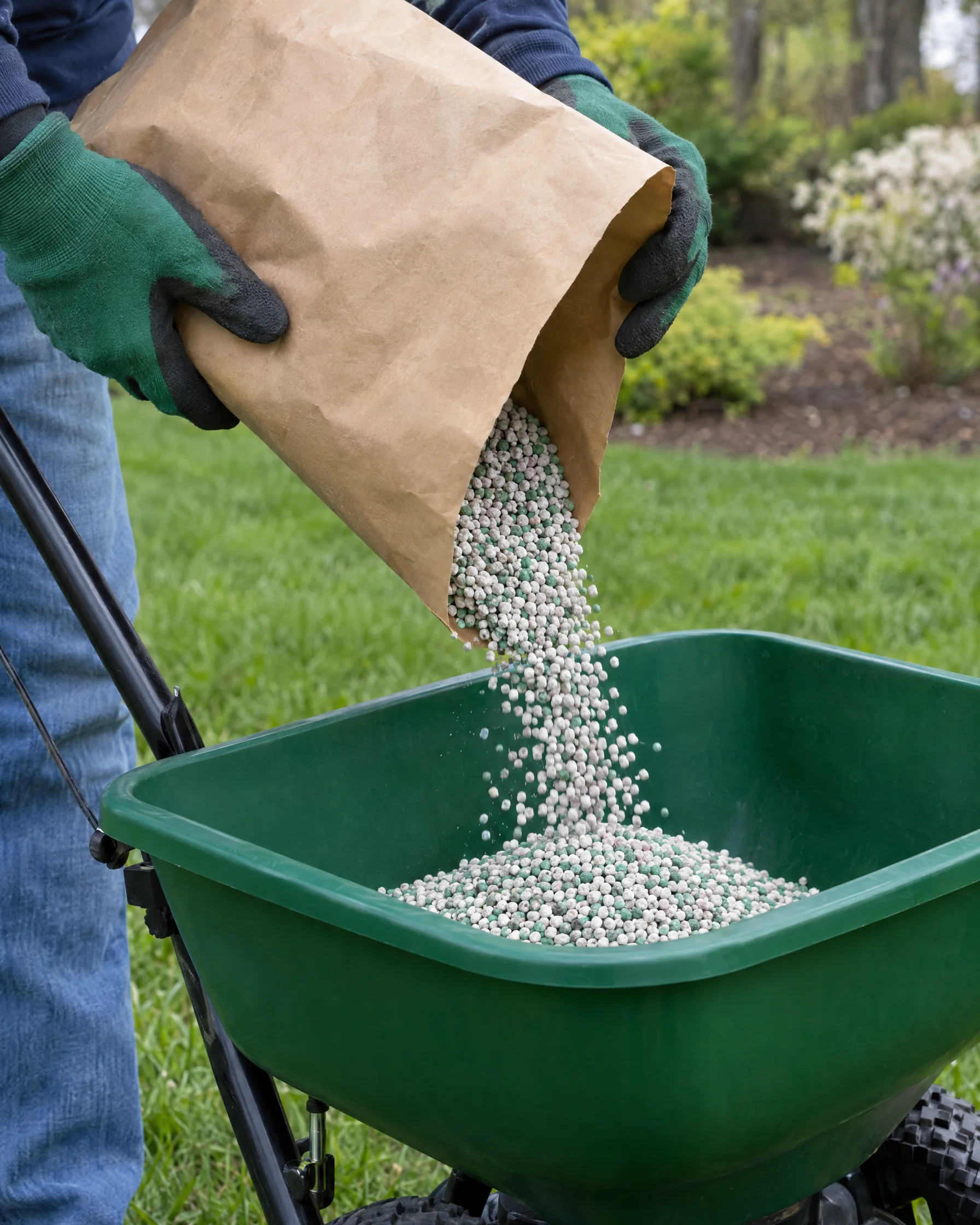 Fertilizer granules pouring into a spreader hopper