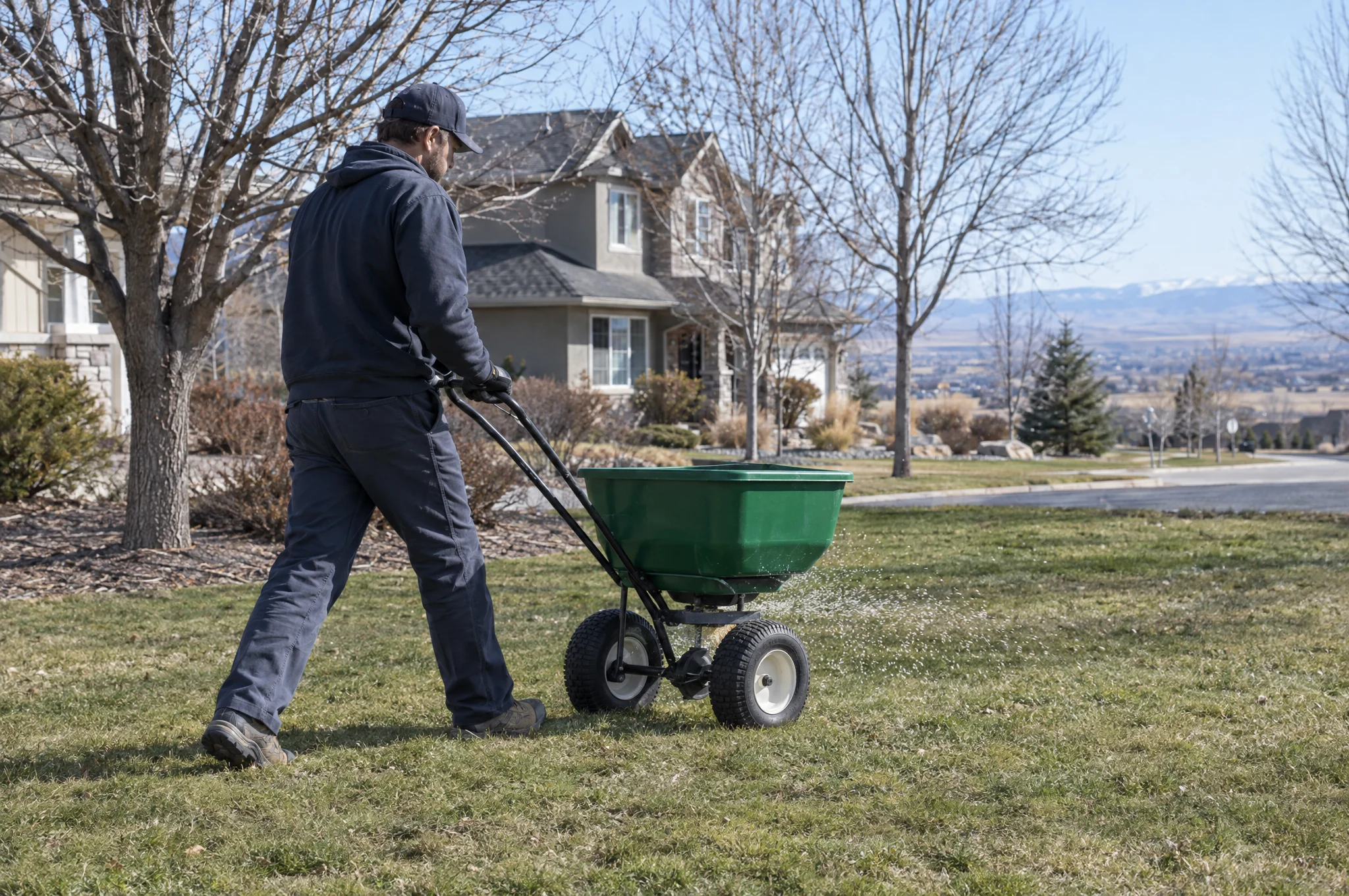 A granular spreader on a lawn