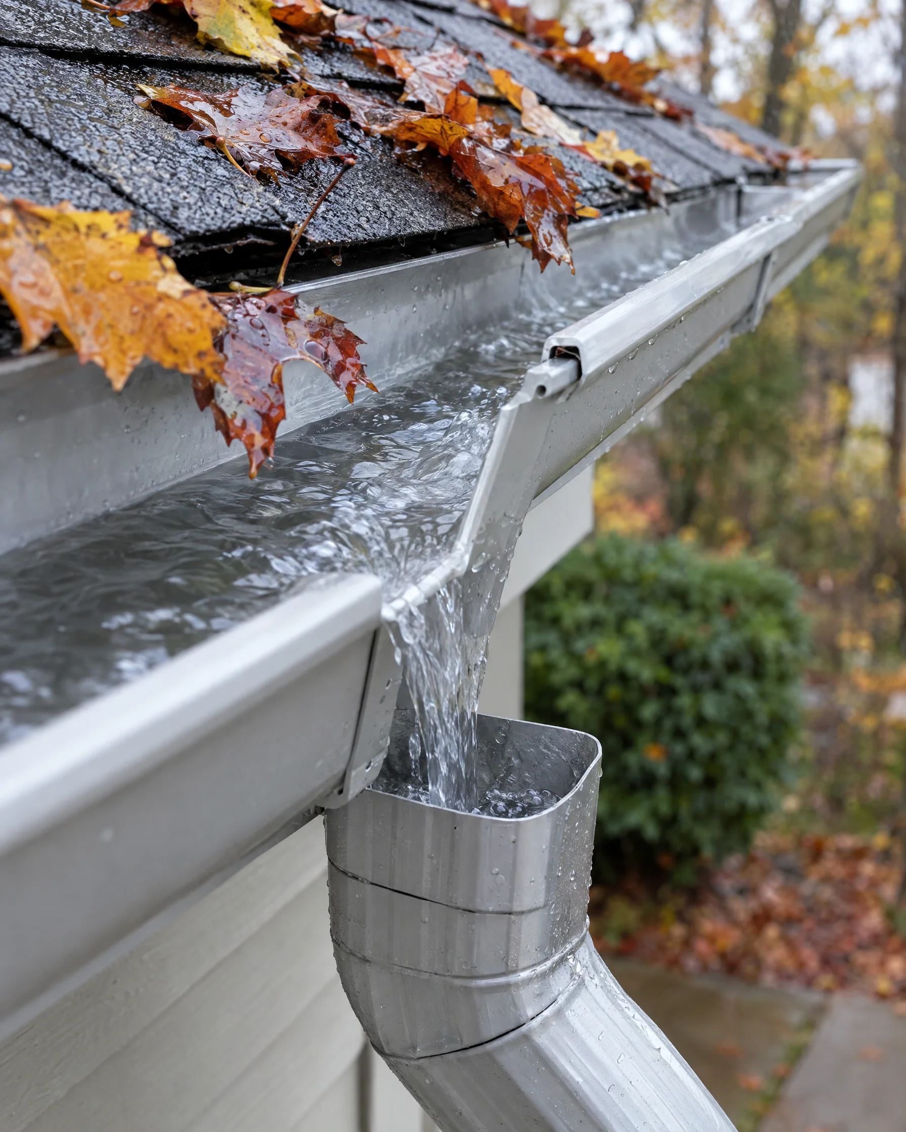 Water flushing through a cleaned gutter into a downspout