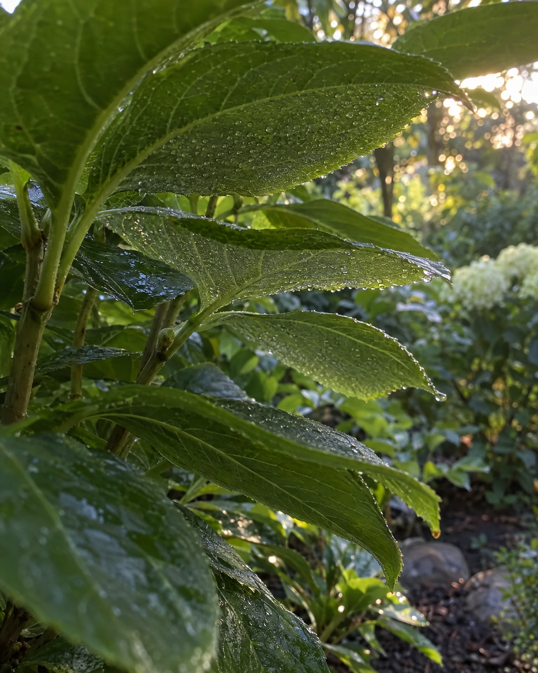 Mist on the undersides of shrub leaves