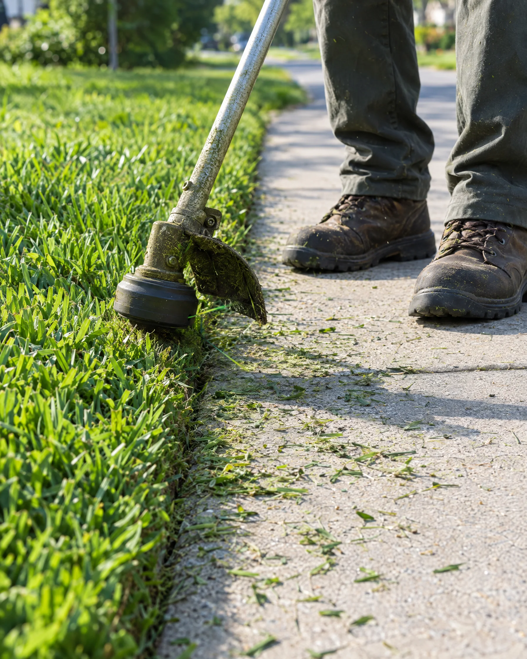 A string trimmer edging grass along a sidewalk