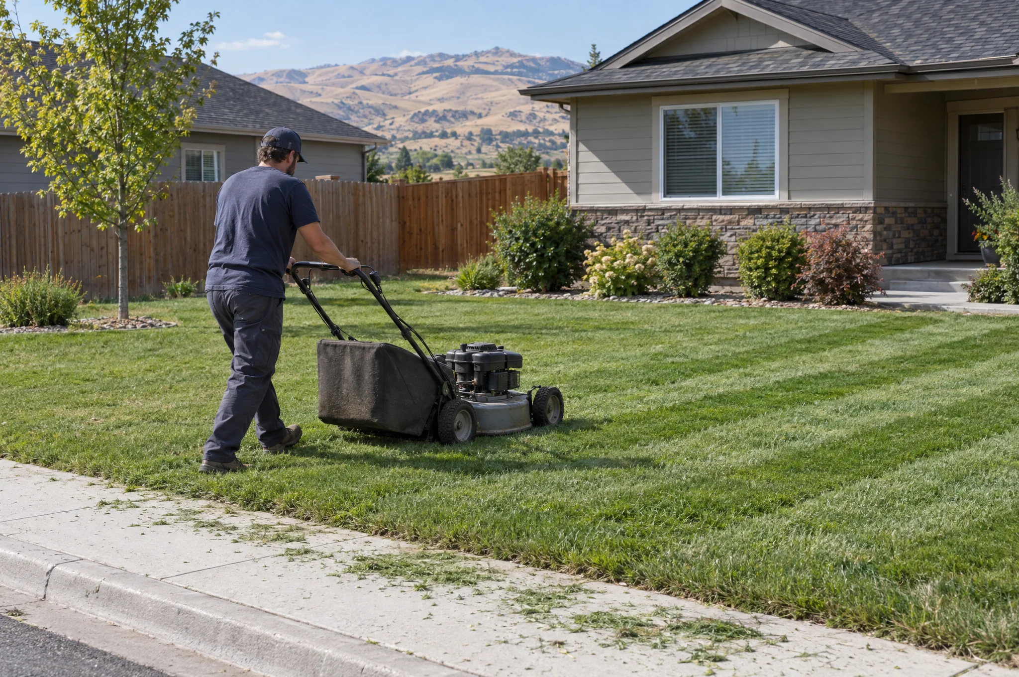 A mower striping a front lawn