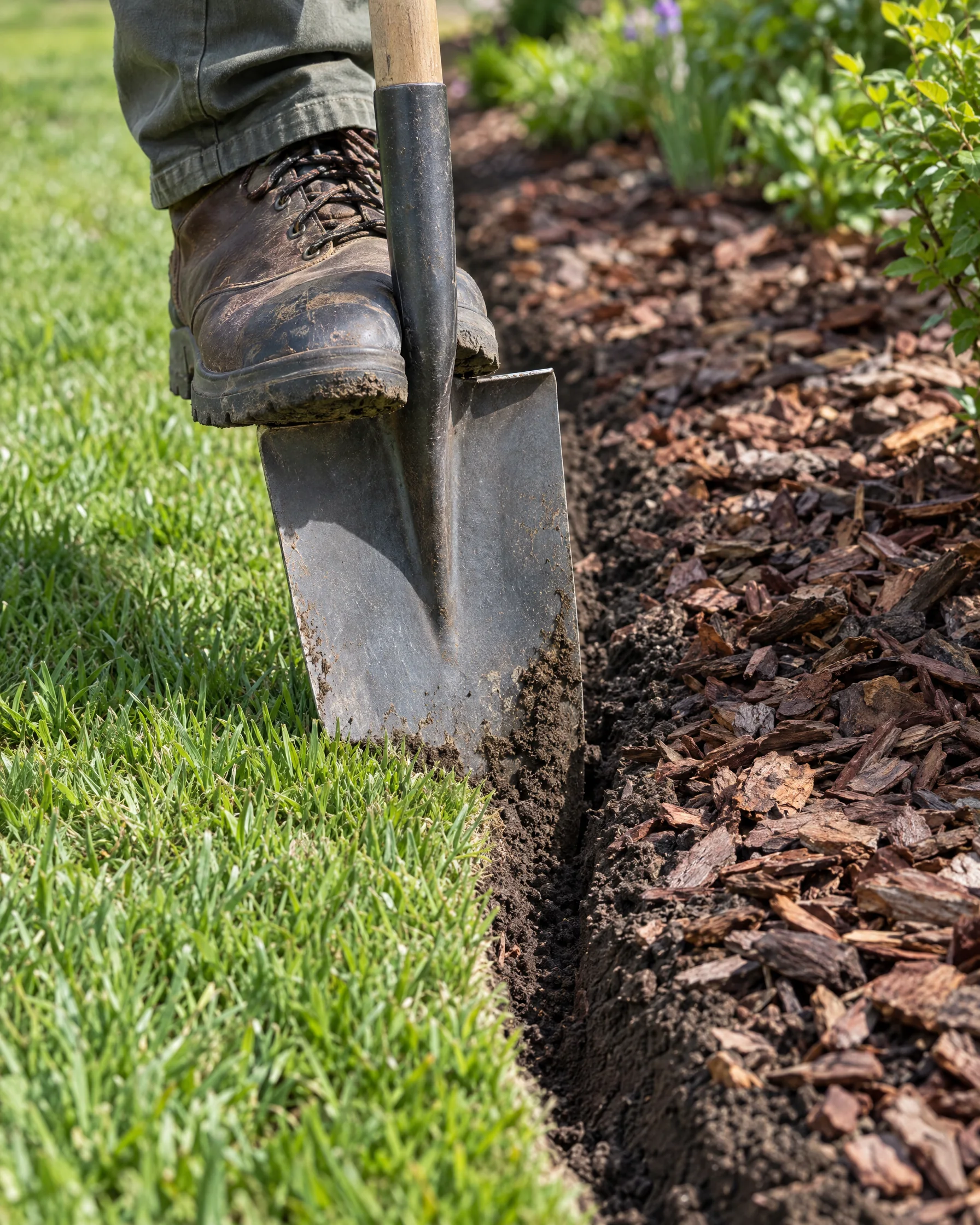 A spade cutting a clean bed edge beside fresh bark