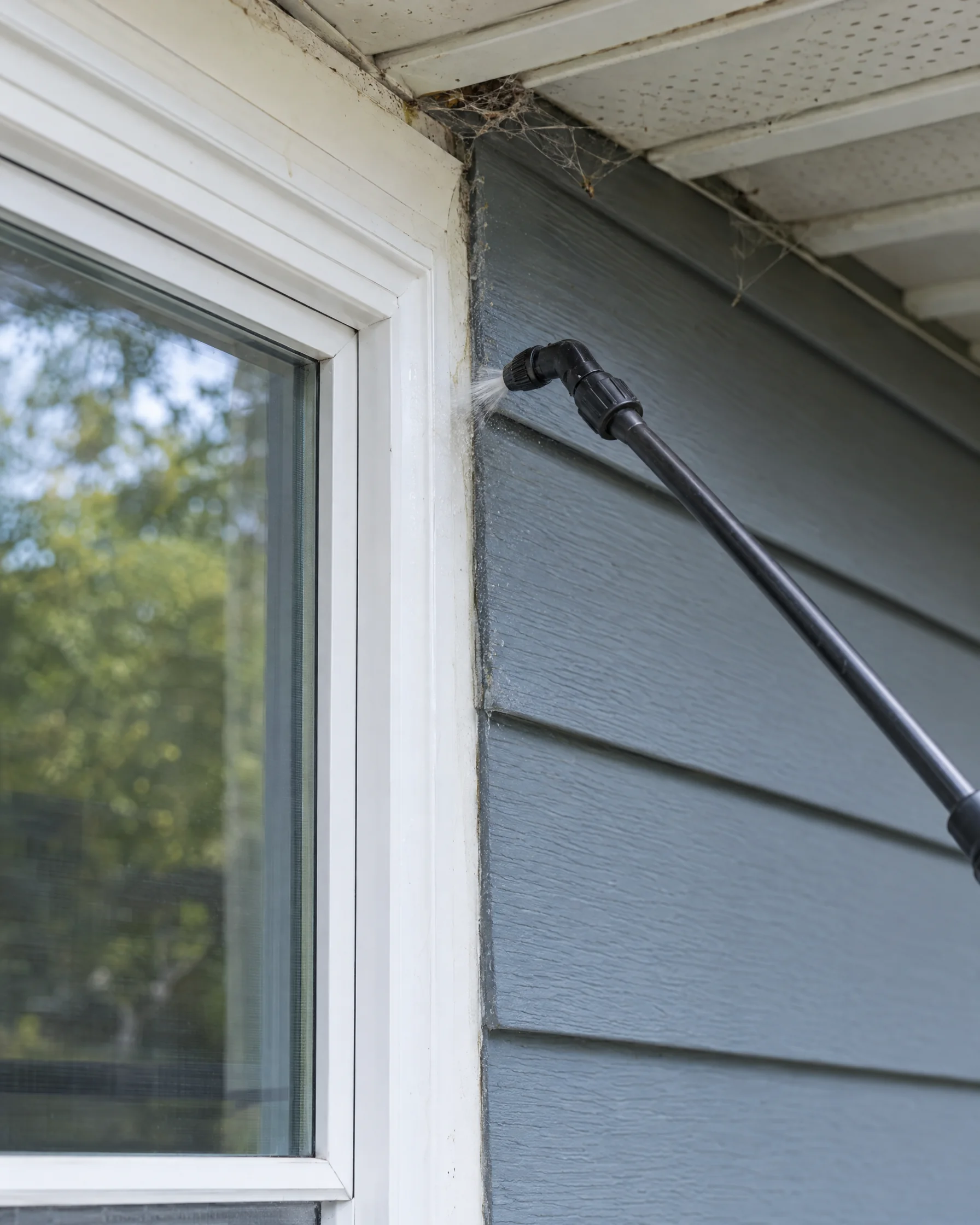 A sprayer wand treating a window corner under the eave