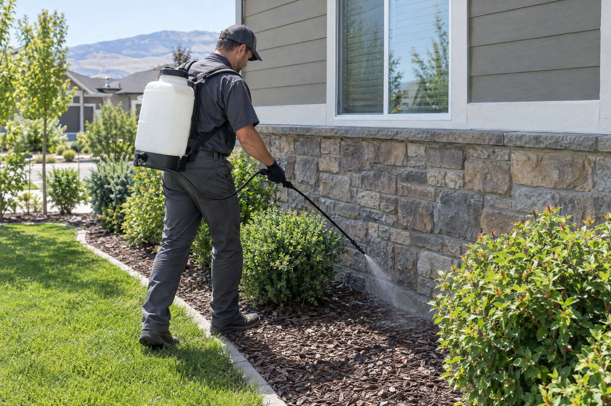 A perimeter pest treatment along a foundation