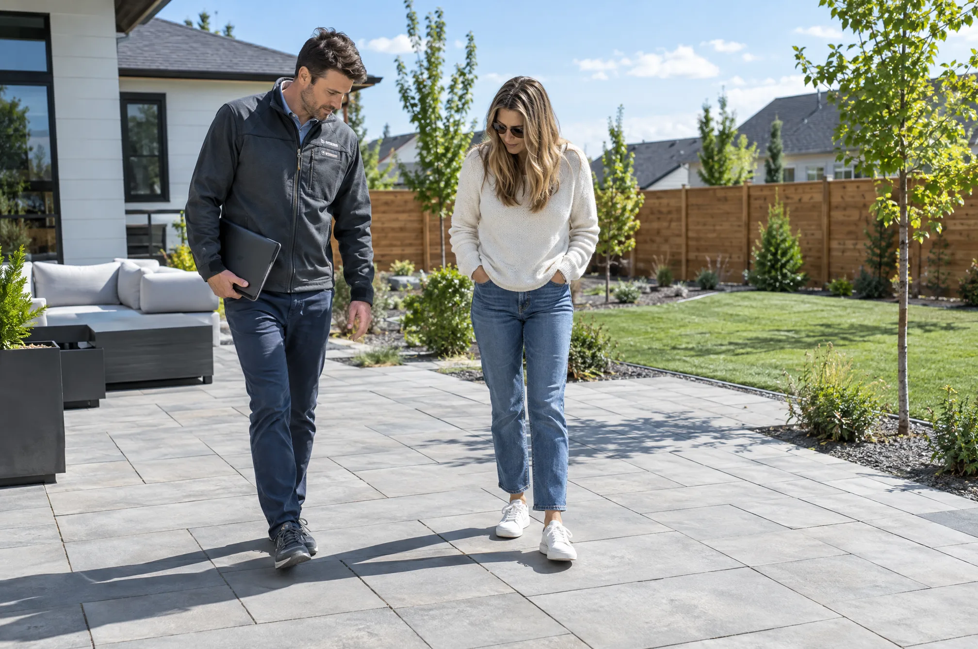 A Guild reviewer with a tablet and a homeowner walking a new paver patio