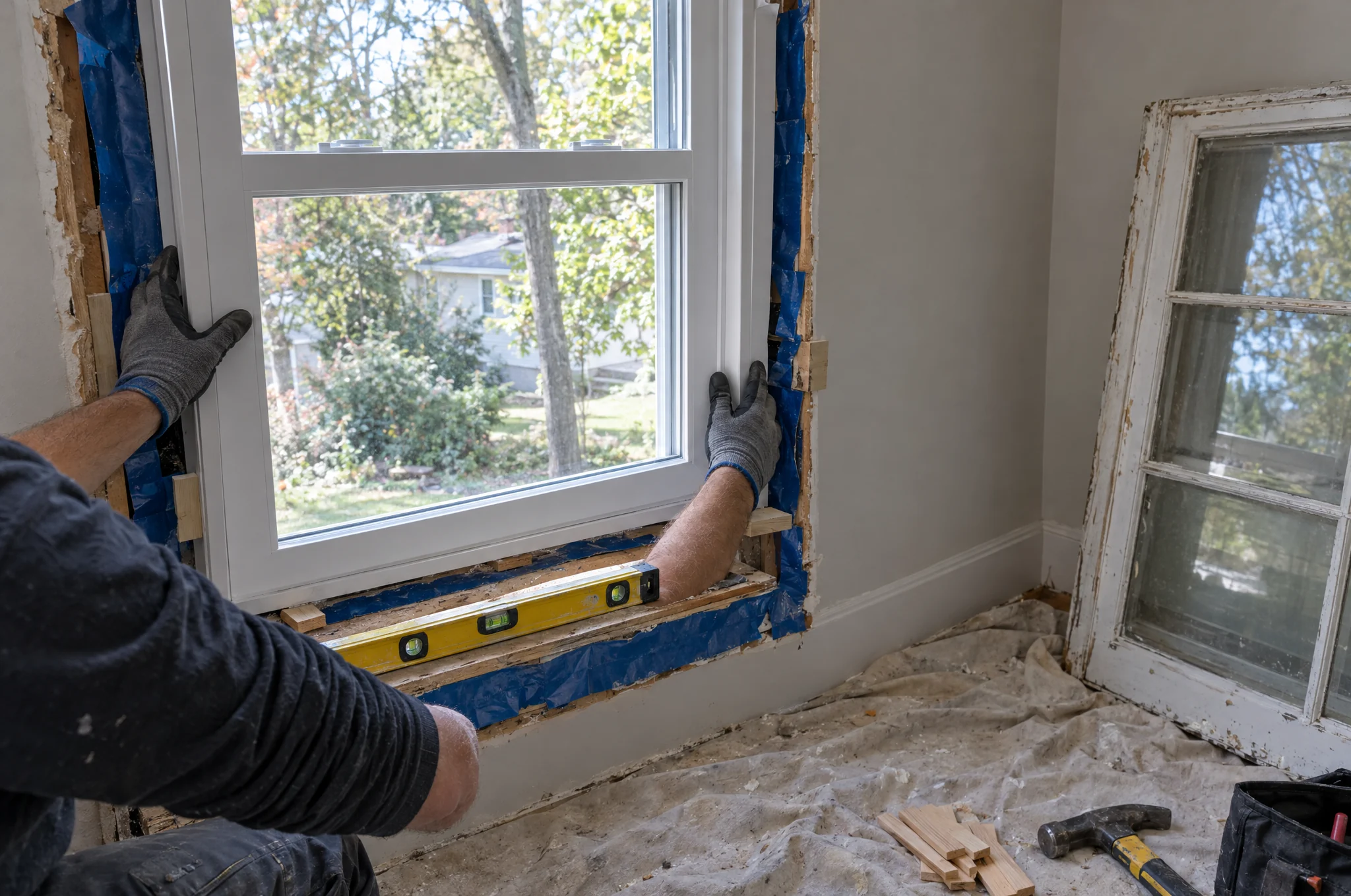 Two hands setting a new replacement window into a flashed opening, shims and a level on the sill